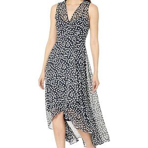 CALVIN KLEIN Women's Black & White Paisley Chiffon Sleeveless Faux Wrap Dress 12